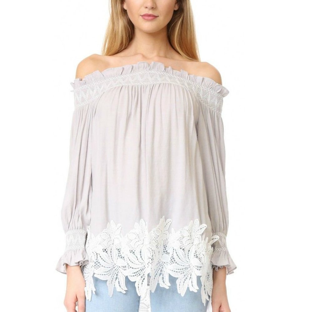 English Factory Gray White Peasant Lacy Blouse - Picture 1 of 5